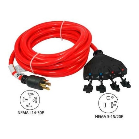 Conntek Conntek 20611, 25', 30A, Generator Power Cord with NEMA L14-30P to 5-15/20R *4 20611